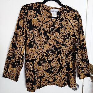80s 90s Gold Ornate Scroll Print Retro Glam Vintage Black Button Down Womens Top